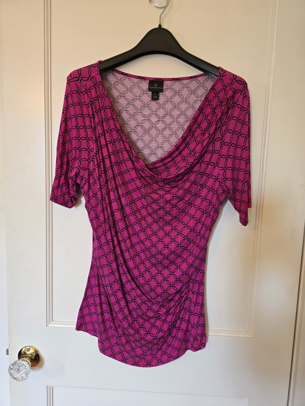 Worthington Fuchsia Geometric Cowl Neck Short Sleeve Top LARGE